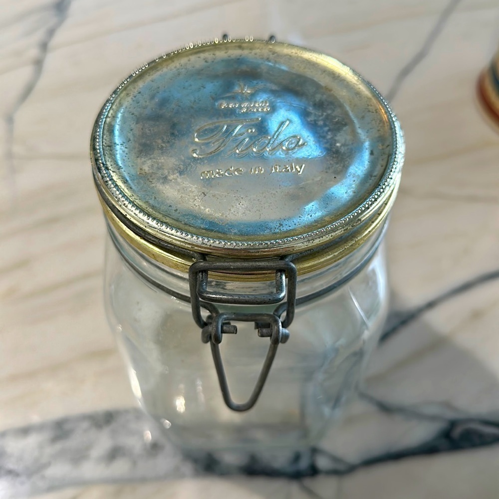 Vintage Bormioli Rocco Fido glass canister w/mercury glass color top 1 L